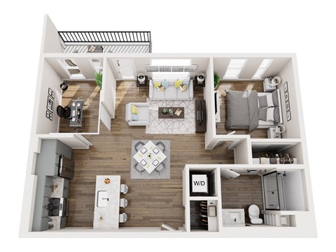 A top-down view of a modern apartment layout with a living room, kitchen, dining area, and bedrooms.